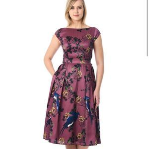 eShakti Plum Bird Print Midi Dress